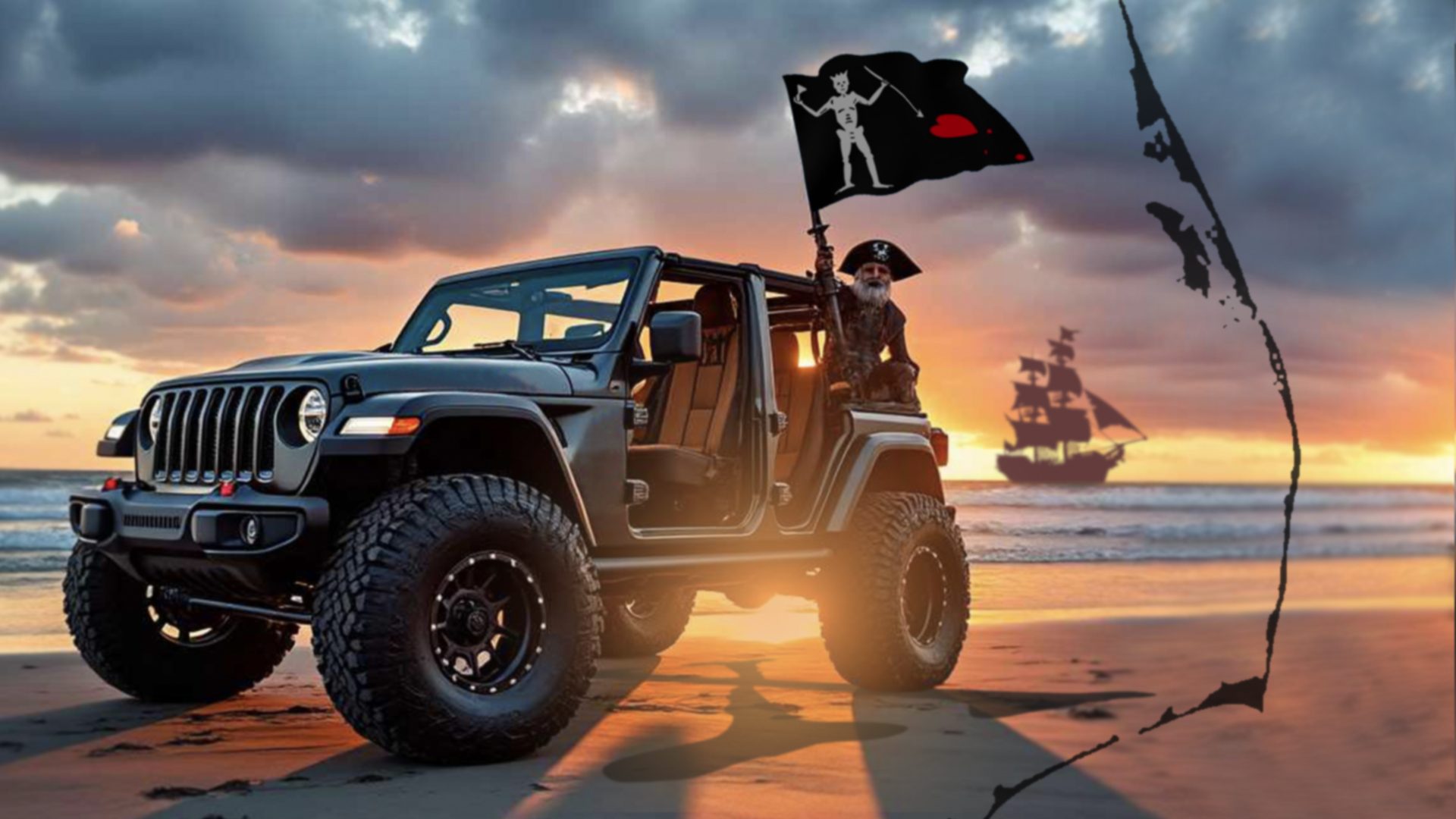 OBX Jeep Invasion 2025 promotional graphic featuring a pirate-themed Jeep on the beach with event dates displayed
